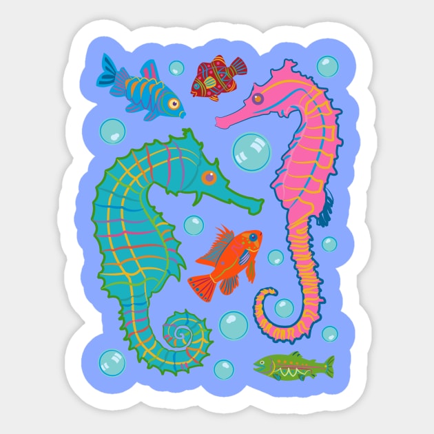 Seahorses and Fish Swimming in an Ocean of Bubbles Sticker by evisionarts